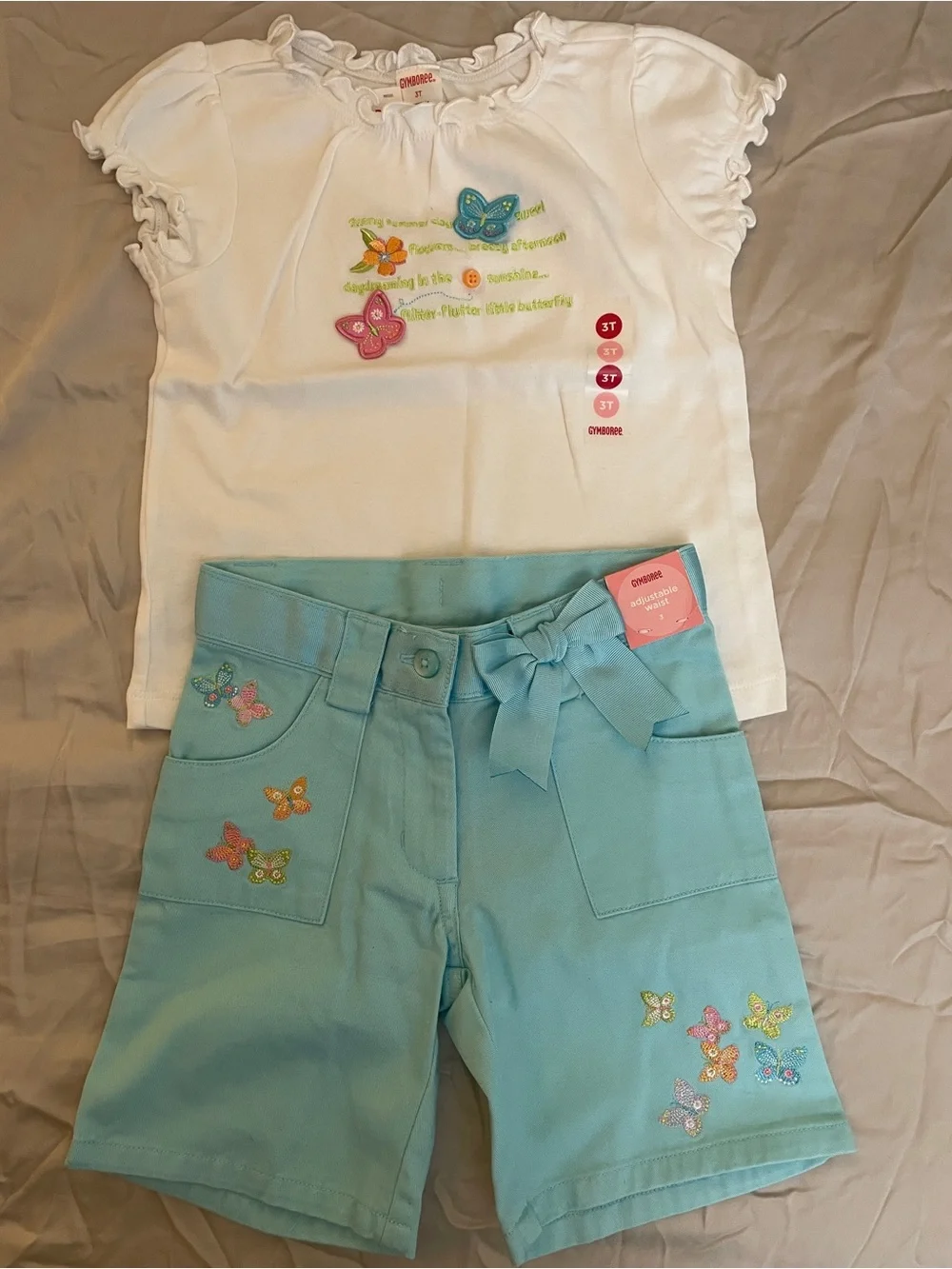 NWT Gymboree Butterfly ruffle sleeve Tee & Aqua Embroidered Shorts 2pcs Set 3T